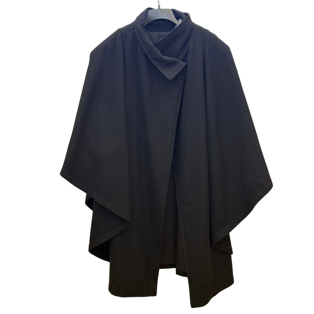 Vintage Coatique European Black Wool Draped Cape Coat Arm Slits Pockets
